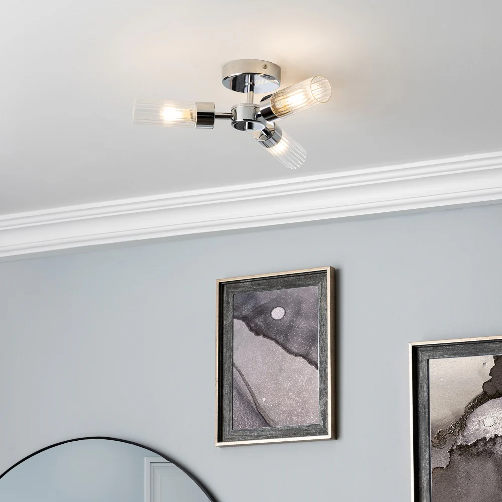 Polished Chrome & Ribbed Glass Bathroom Vintage 3 Lamp Ceiling Light IP44 - Image 4