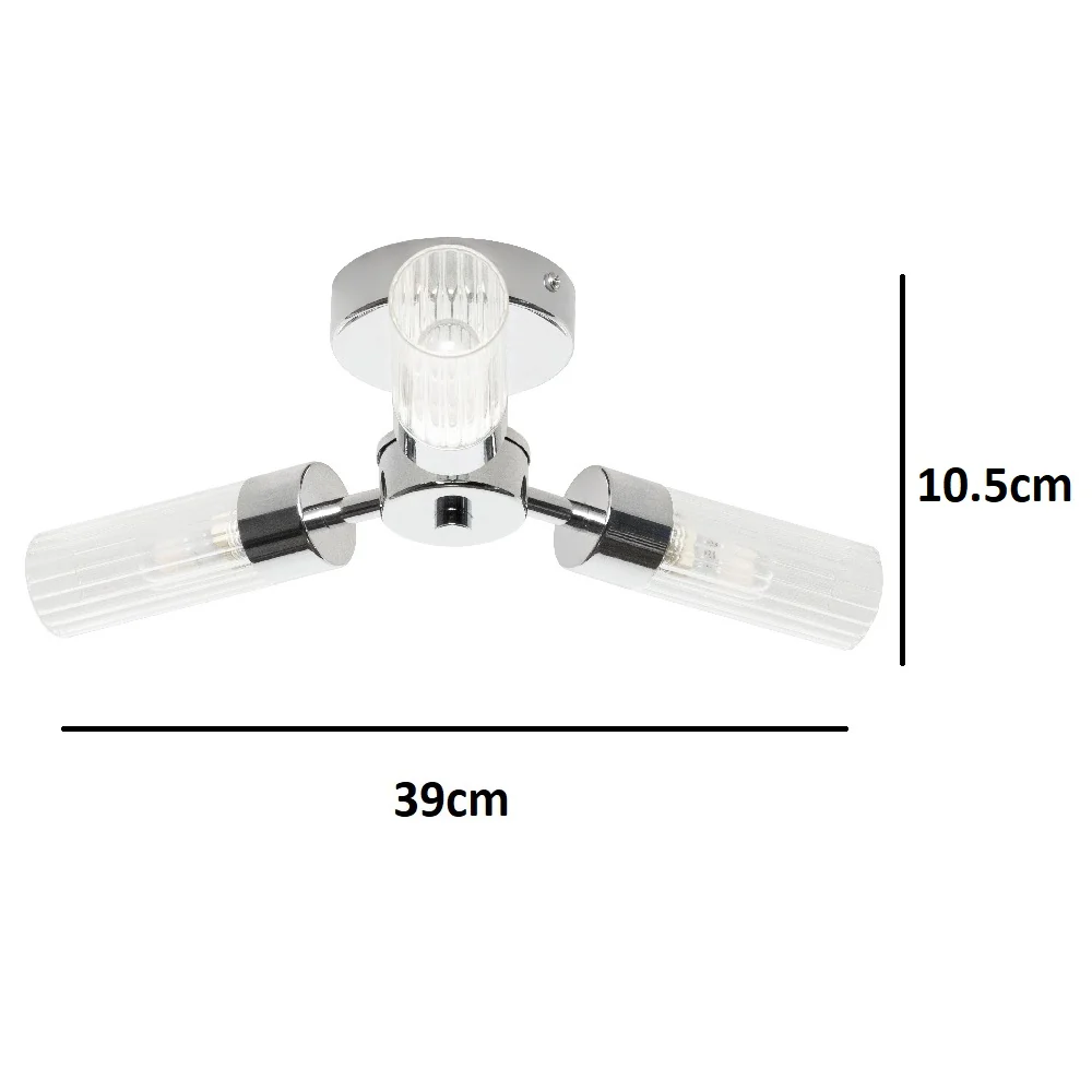 Polished Chrome & Ribbed Glass Bathroom Vintage 3 Lamp Ceiling Light IP44 - Image 5