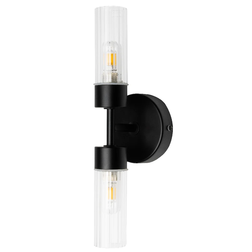Matt Black & Ribbed Glass Bathroom Vintage 2 Lamp Wall Light IP44