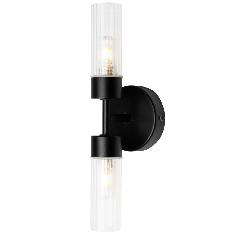 Matt Black & Ribbed Glass Bathroom Vintage 2 Lamp Wall Light IP44 - Image 2