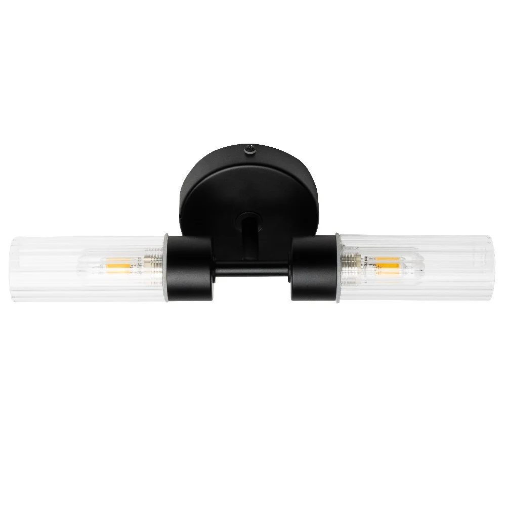 Matt Black & Ribbed Glass Bathroom Vintage 2 Lamp Wall Light IP44 - Image 3
