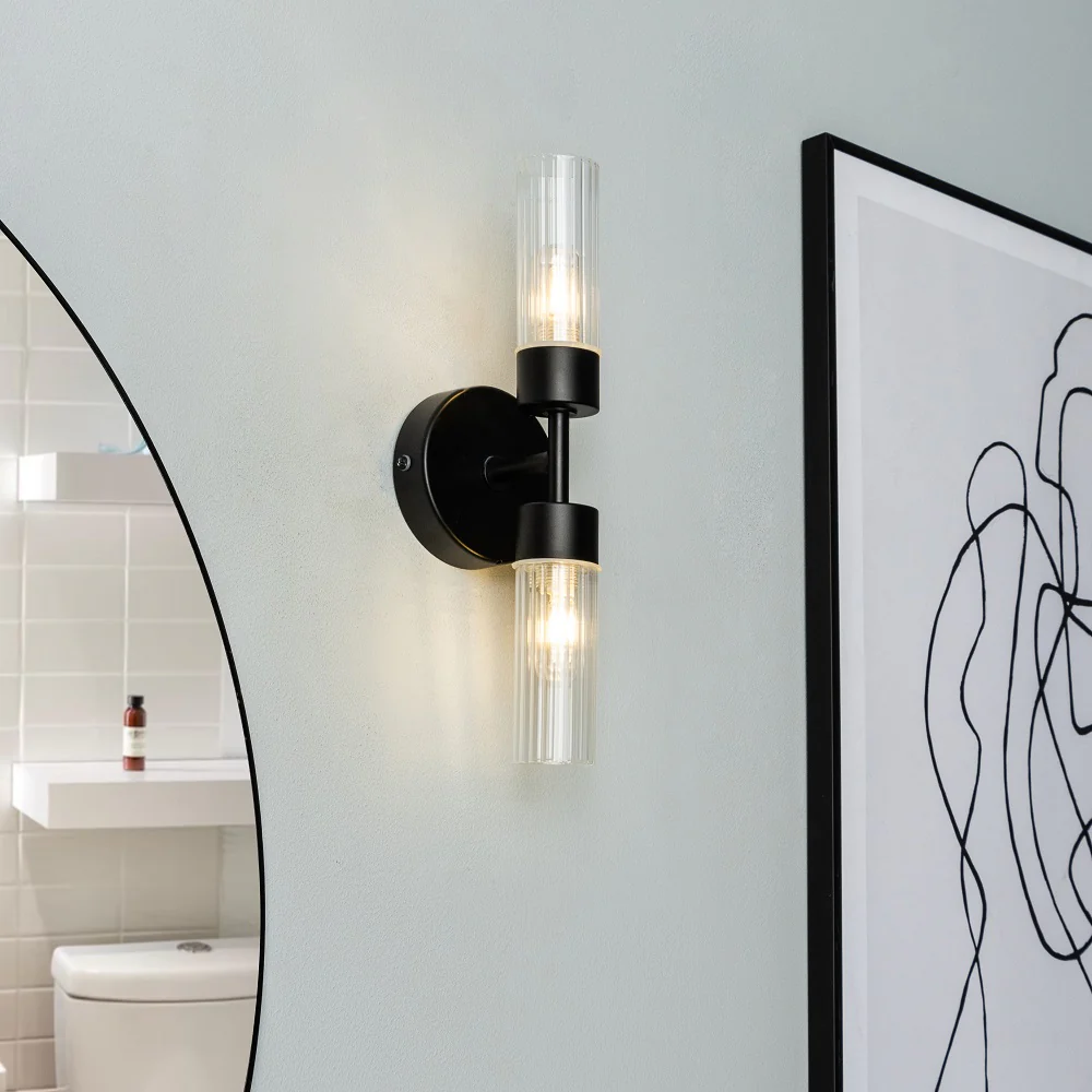 Matt Black & Ribbed Glass Bathroom Vintage 2 Lamp Wall Light IP44 - Image 5