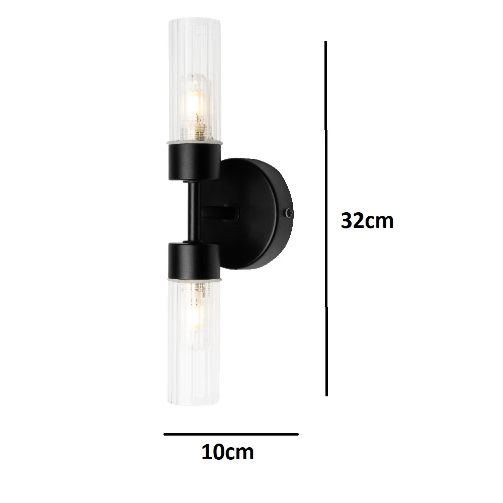 Matt Black & Ribbed Glass Bathroom Vintage 2 Lamp Wall Light IP44 - Image 6