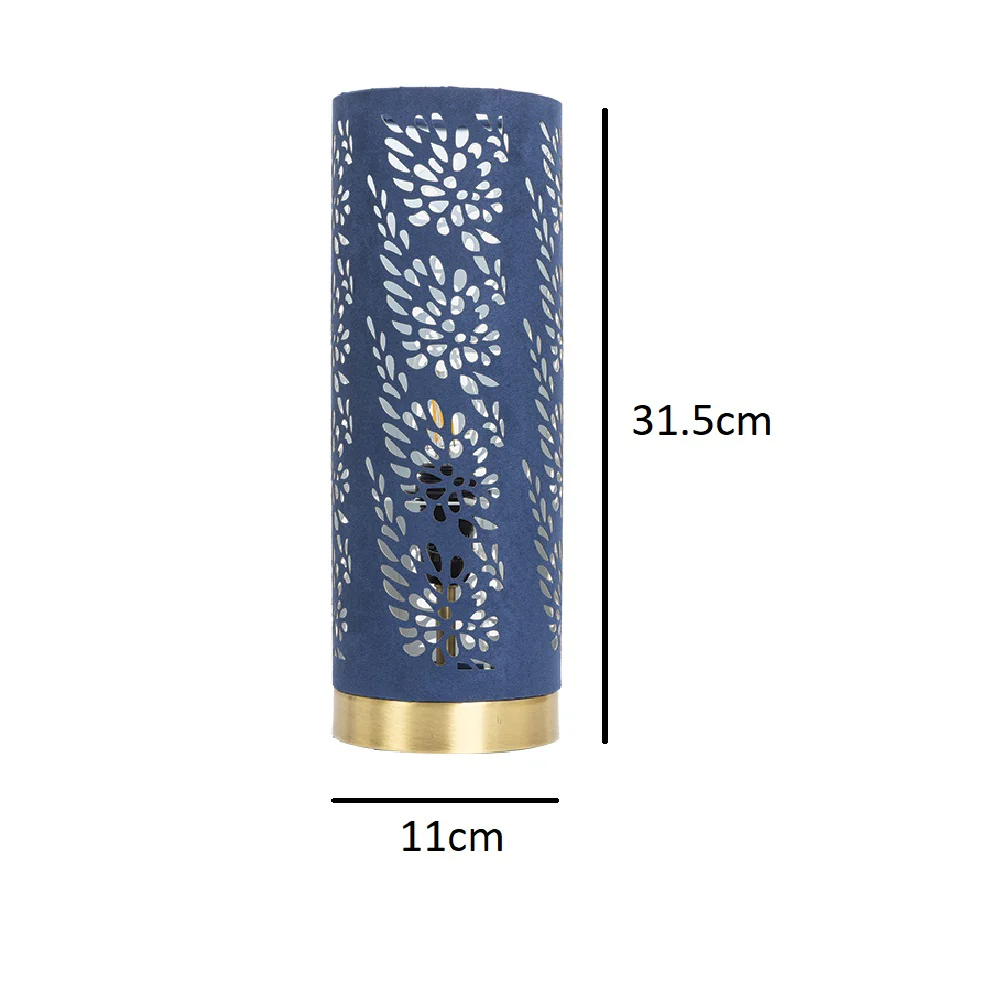 Navy Blue & Gold Floral Etch Cylindrical Touch Table Lamp 315mm - Image 3