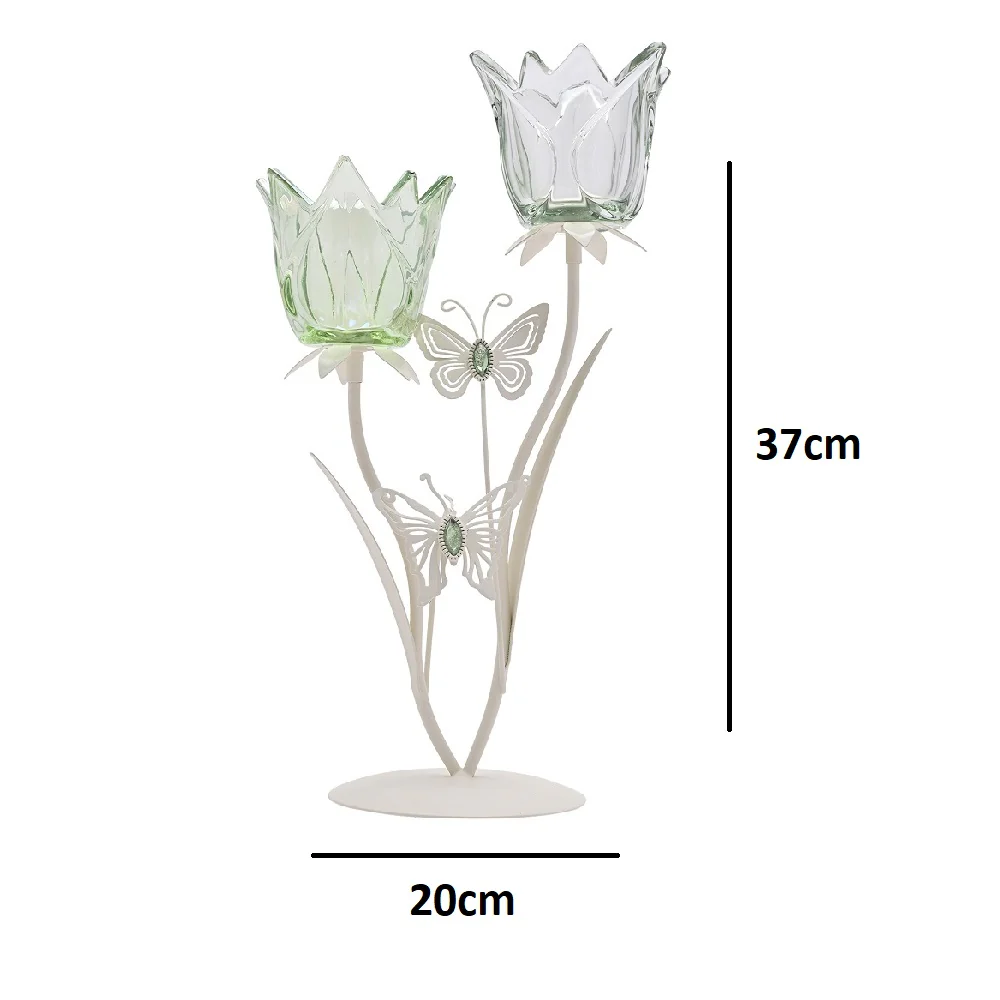 Britalia Cream Metal and Green Glass Double Stem Flowers Tea Light Candle Holder 37cm - Image 4