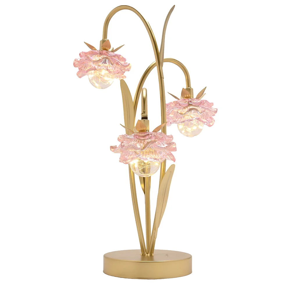 Britalia Gold and Pink Glass Flower Triple Stem Battery Powered LED Table Lamp 45cm - Image 2