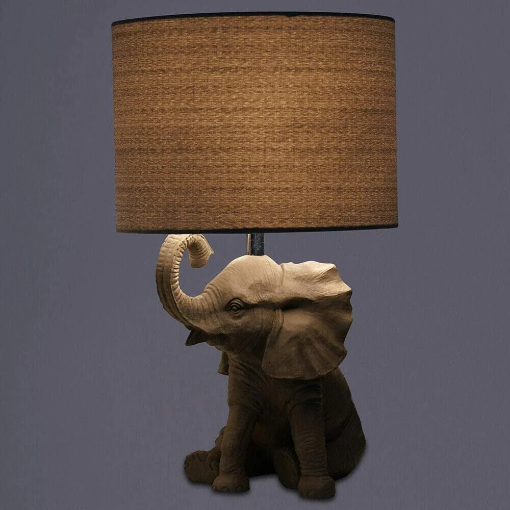 Britalia Grey Resin Vintage Sitting Elephant Table Lamp with Fabric Shade 40cm - Image 3