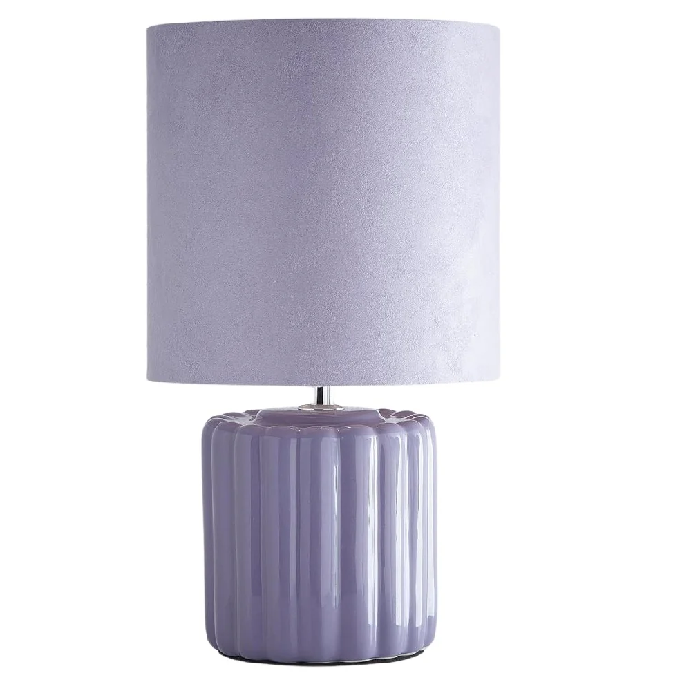 Lilac Ribbed Ceramic Vintage Table Lamp with Velvet Drum Shade 33cm