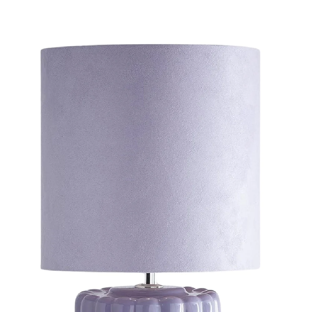 Lilac Ribbed Ceramic Vintage Table Lamp with Velvet Drum Shade 33cm - Image 2