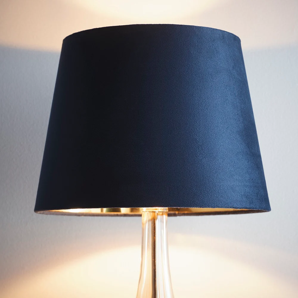 Navy Blue Velvet and Gold Inner Modern Easy Fit Tapered Drum Lampshade 250mm - Image 3