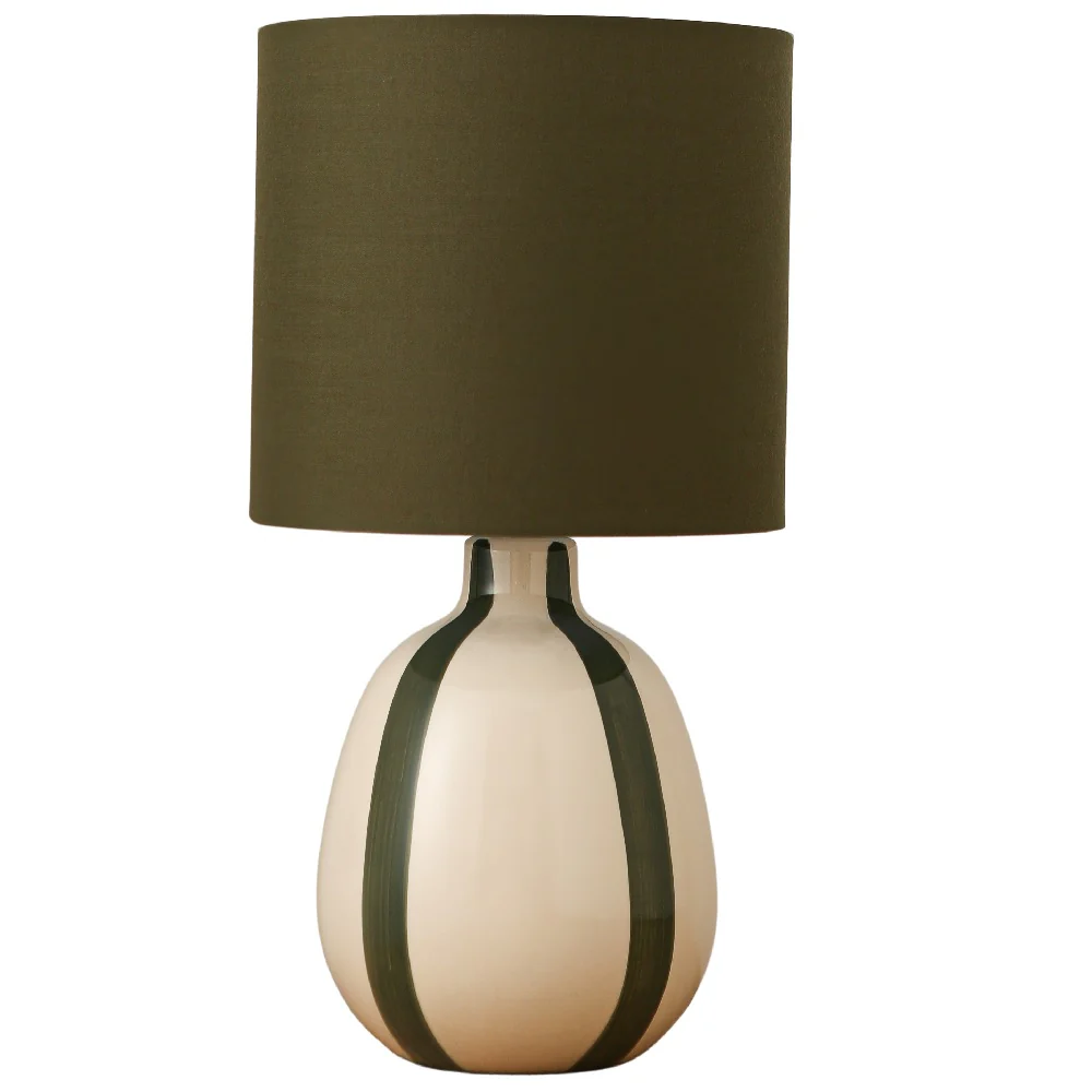 Olive Green Stripe and Cream Ceramic Modern Table Lamp with Olive Green Drum Shade 42cm