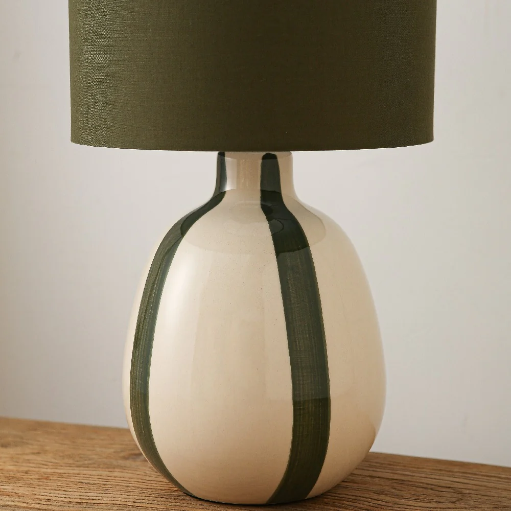 Olive Green Stripe and Cream Ceramic Modern Table Lamp with Olive Green Drum Shade 42cm - Image 2