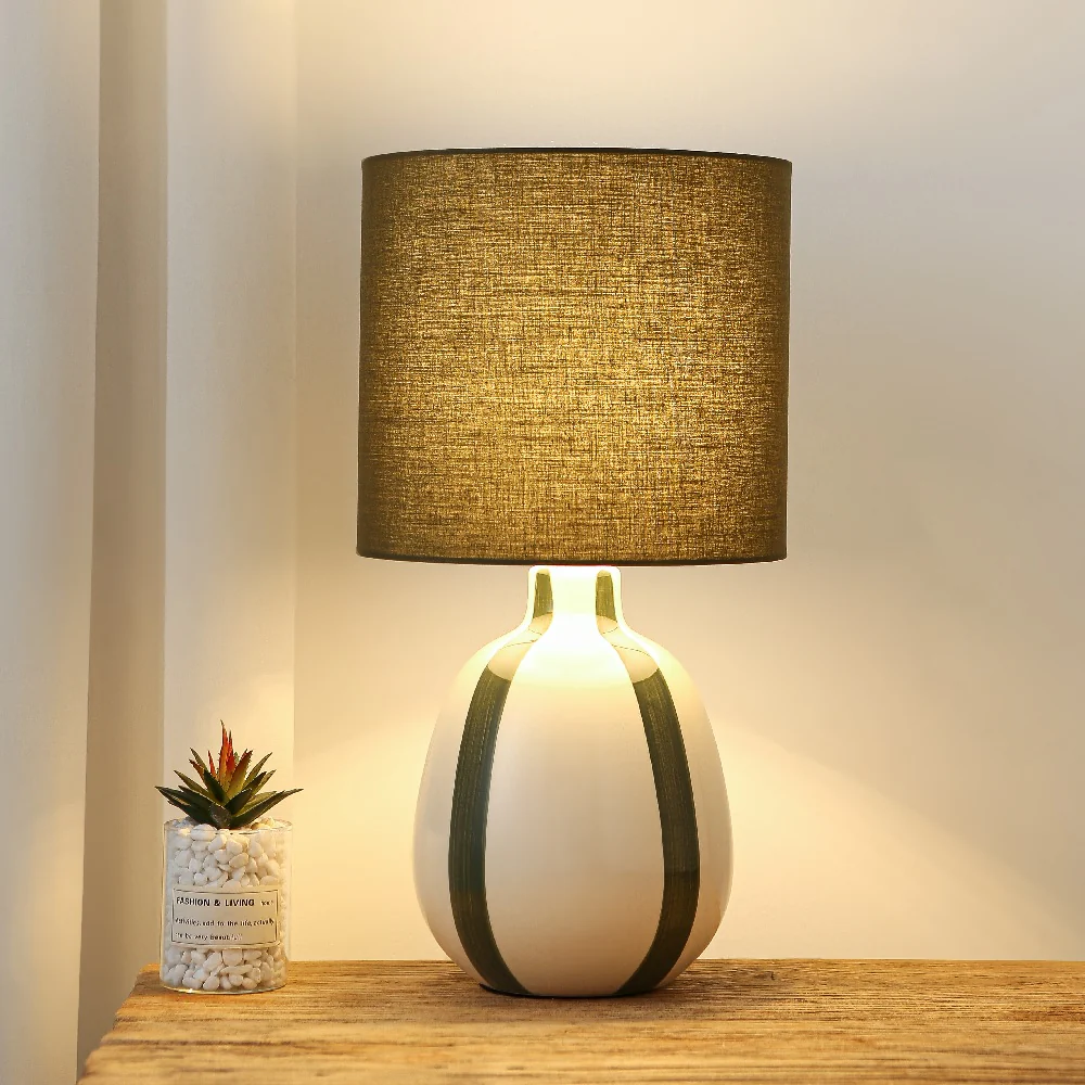Olive Green Stripe and Cream Ceramic Modern Table Lamp with Olive Green Drum Shade 42cm - Image 4