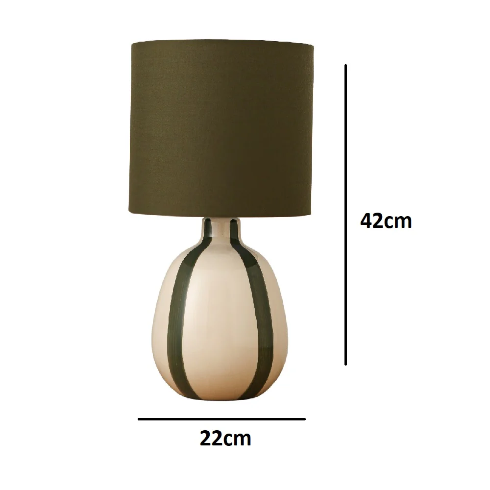 Olive Green Stripe and Cream Ceramic Modern Table Lamp with Olive Green Drum Shade 42cm - Image 5