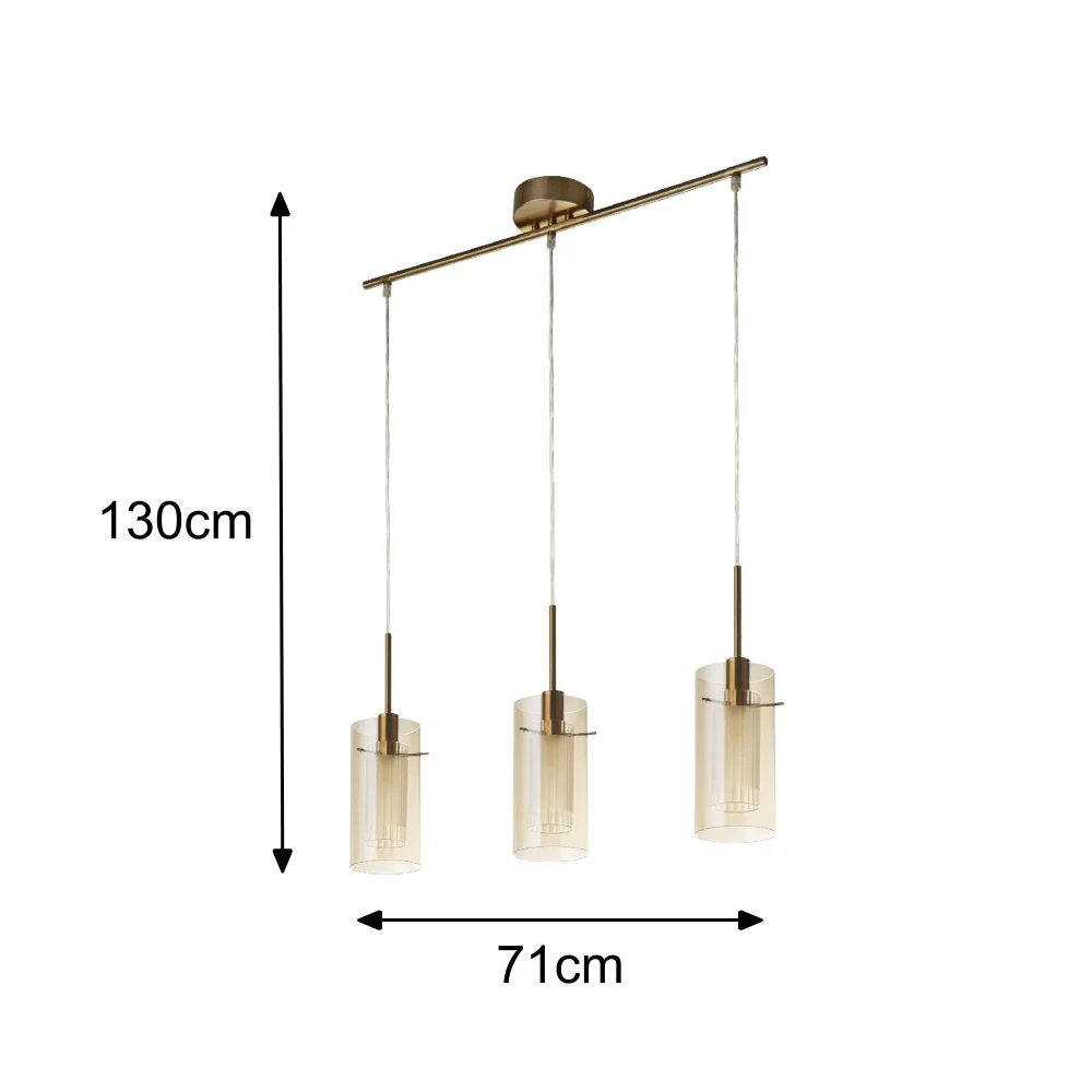 Bronze & Champagne Cylinder Glass Modern 3 Lamp Bar Pendant Light 71cm - Image 6
