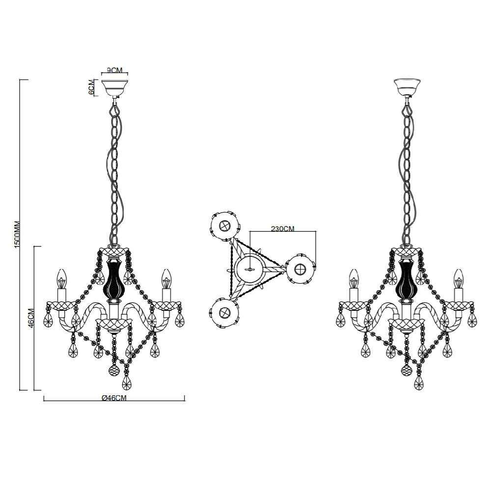 Chrome & Black Acrylic Crystal Traditional 3 Lamp Pendant Chandelier - Image 4