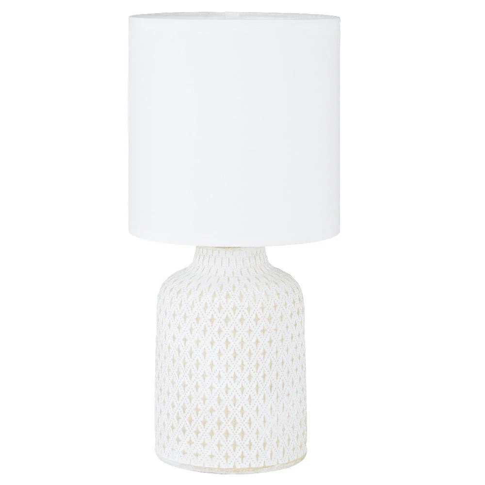 Cream Distressed Ceramic Vintage Geometric Table Lamp with White Drum Shade 32cm