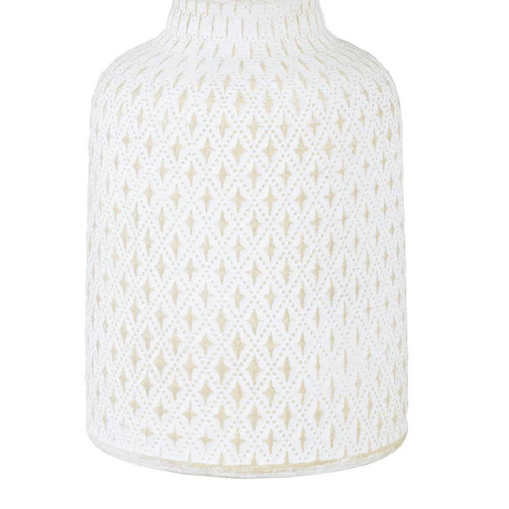 Cream Distressed Ceramic Vintage Geometric Table Lamp with White Drum Shade 32cm - Image 2