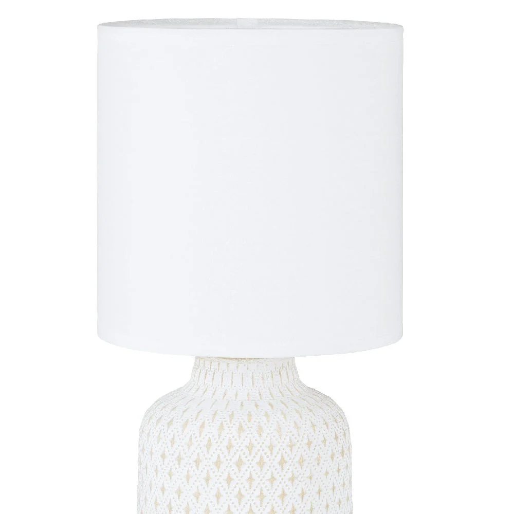 Cream Distressed Ceramic Vintage Geometric Table Lamp with White Drum Shade 32cm - Image 3