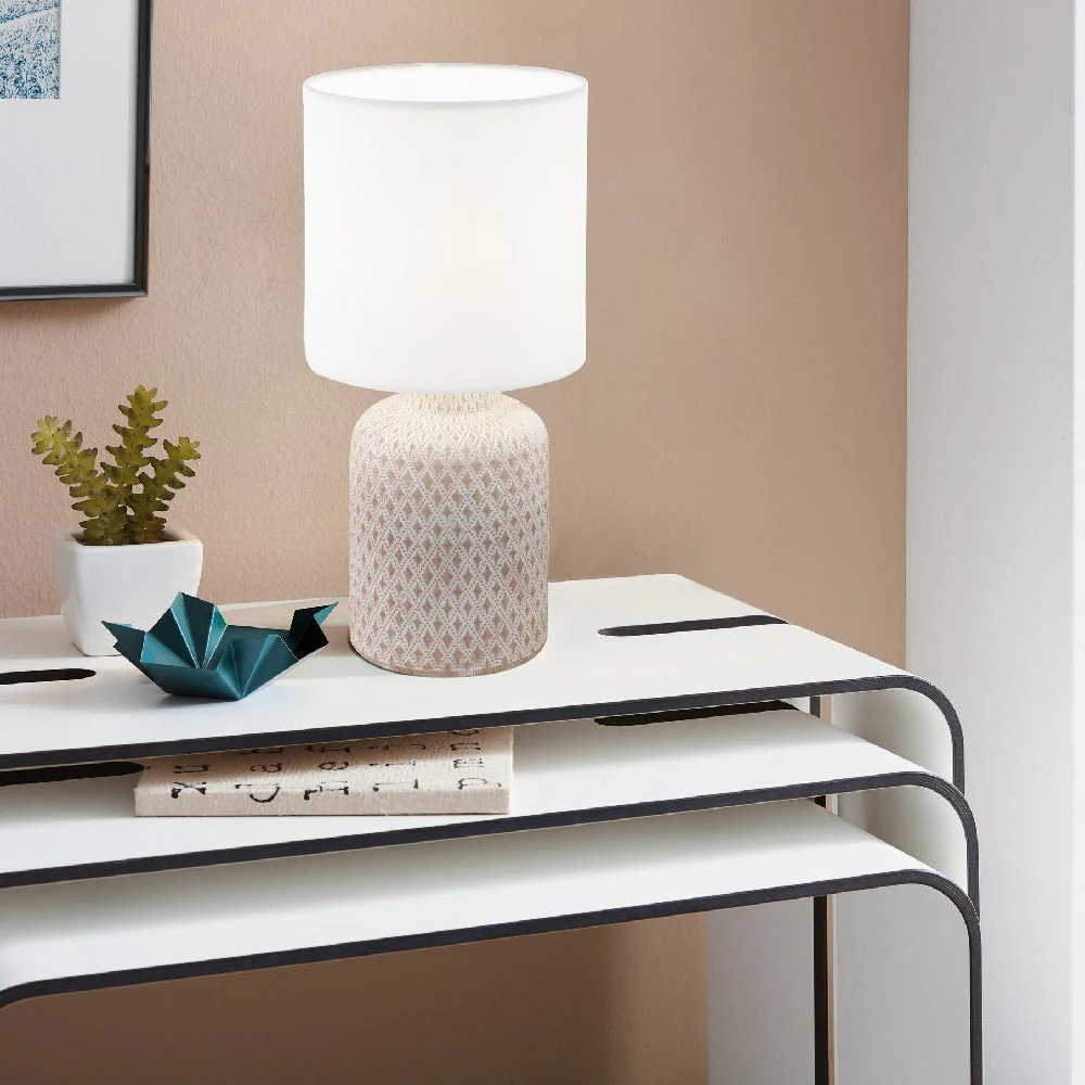 Cream Distressed Ceramic Vintage Geometric Table Lamp with White Drum Shade 32cm - Image 4