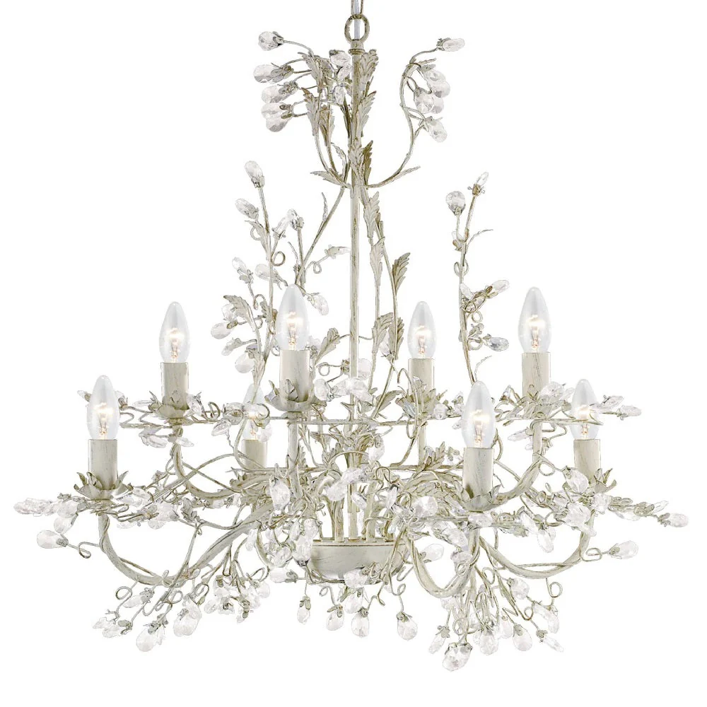 Cream Gold & Crystal Metal Vintage Shabby Chic 8 Lamp Pendant Light 74cm