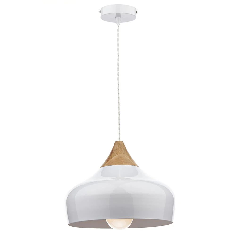 DAR GAU0102 Gaucho White 1 Lamp Pendant Light with Wooden Cap 320mm