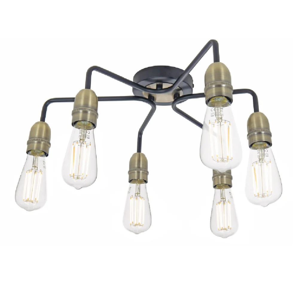 DAR KIE0622 Kiefer Black & Antique Brass Vintage 6 Lamp Semi Flush 52cm