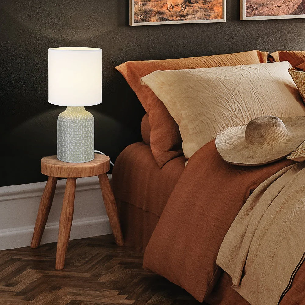 Grey Distressed Ceramic Vintage Geometric Table Lamp with White Drum Shade 32cm - Image 4