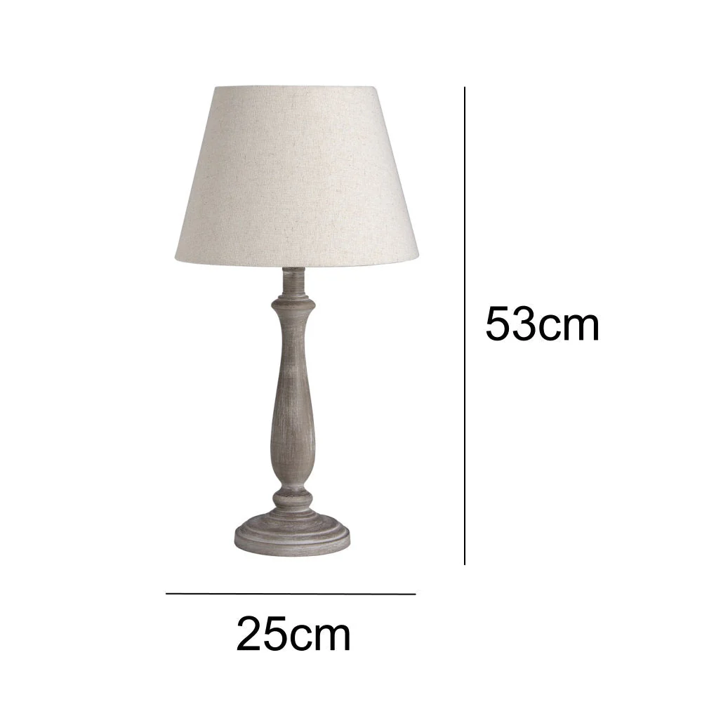 Grey Washed Wood Vintage Rustic Table Lamp with Linen Fabric Shade 53cm - Image 5