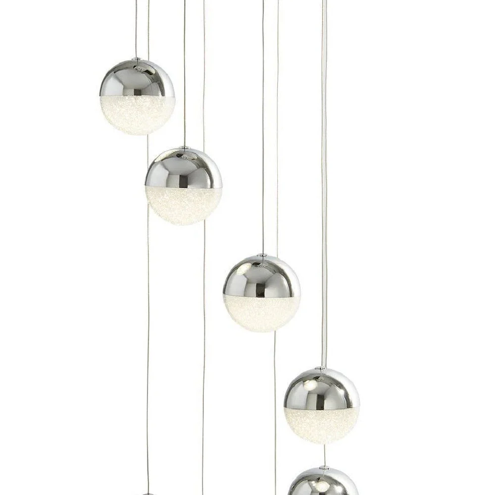 LED Chrome & Crushed Ice Glass Globe Modern 8 Lamp Multi Drop Pendant Light 35cm - Image 3