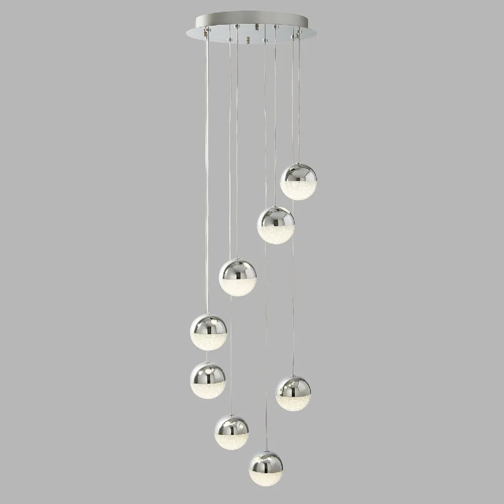 LED Chrome & Crushed Ice Glass Globe Modern 8 Lamp Multi Drop Pendant Light 35cm - Image 4