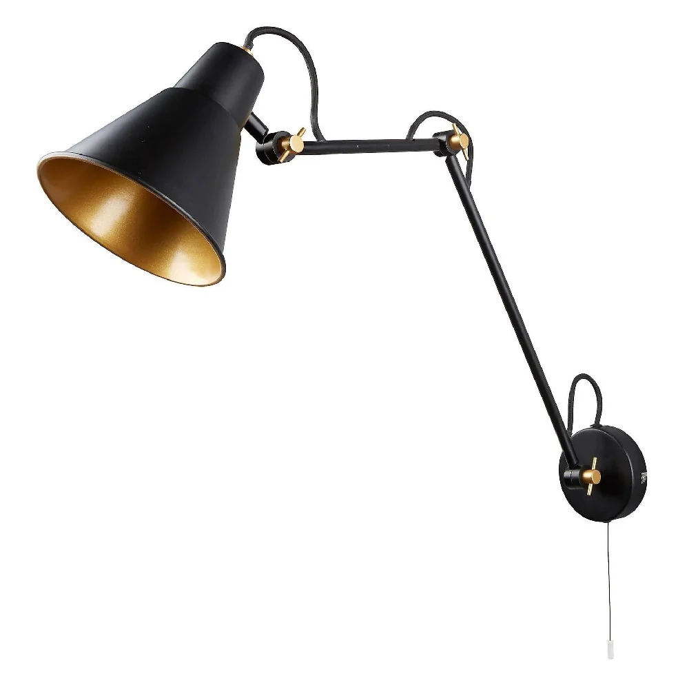 Matt Black & Gold Inner Vintage Adjustable Arm Wall Light 450mm