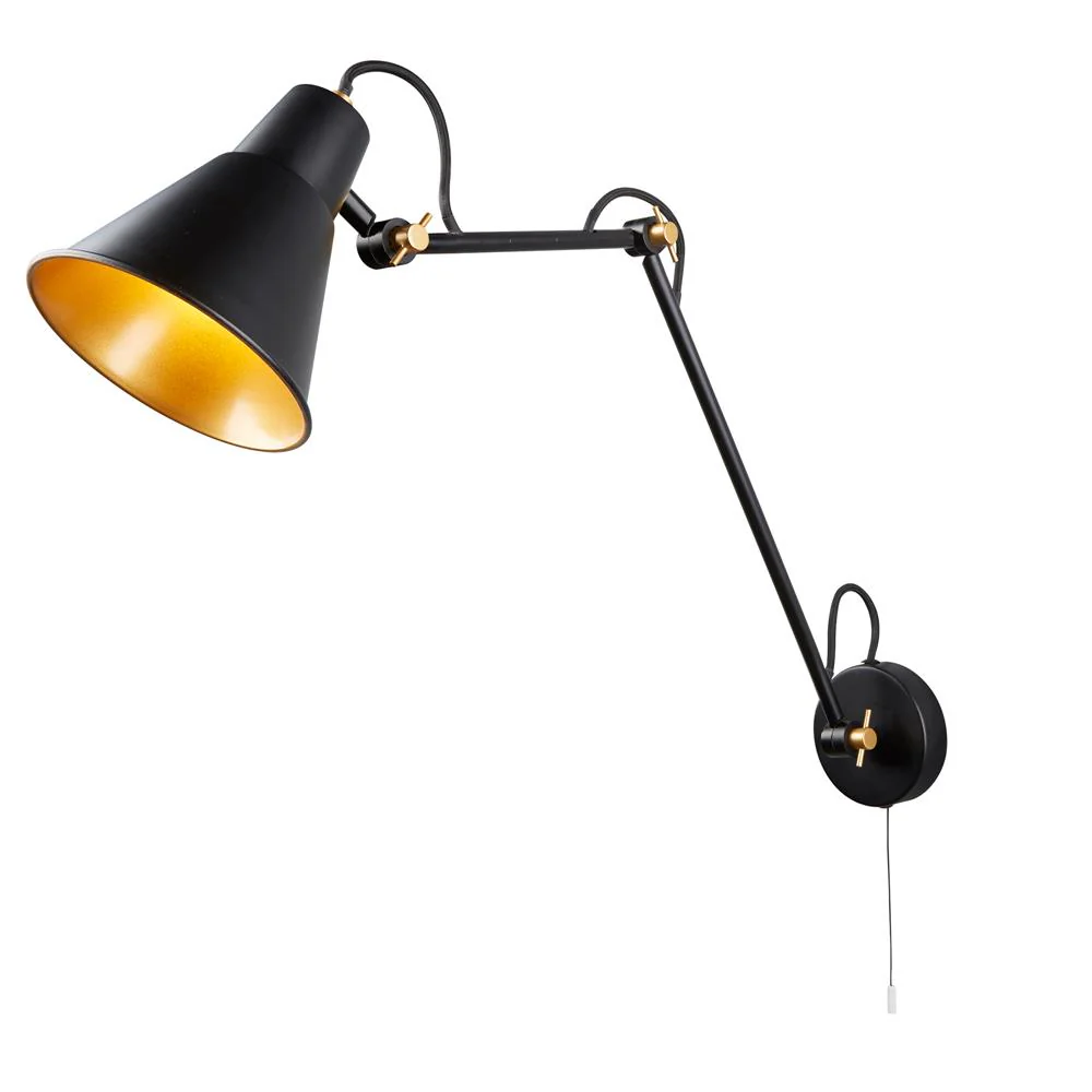 Matt Black & Gold Inner Vintage Adjustable Arm Wall Light 450mm - Image 2
