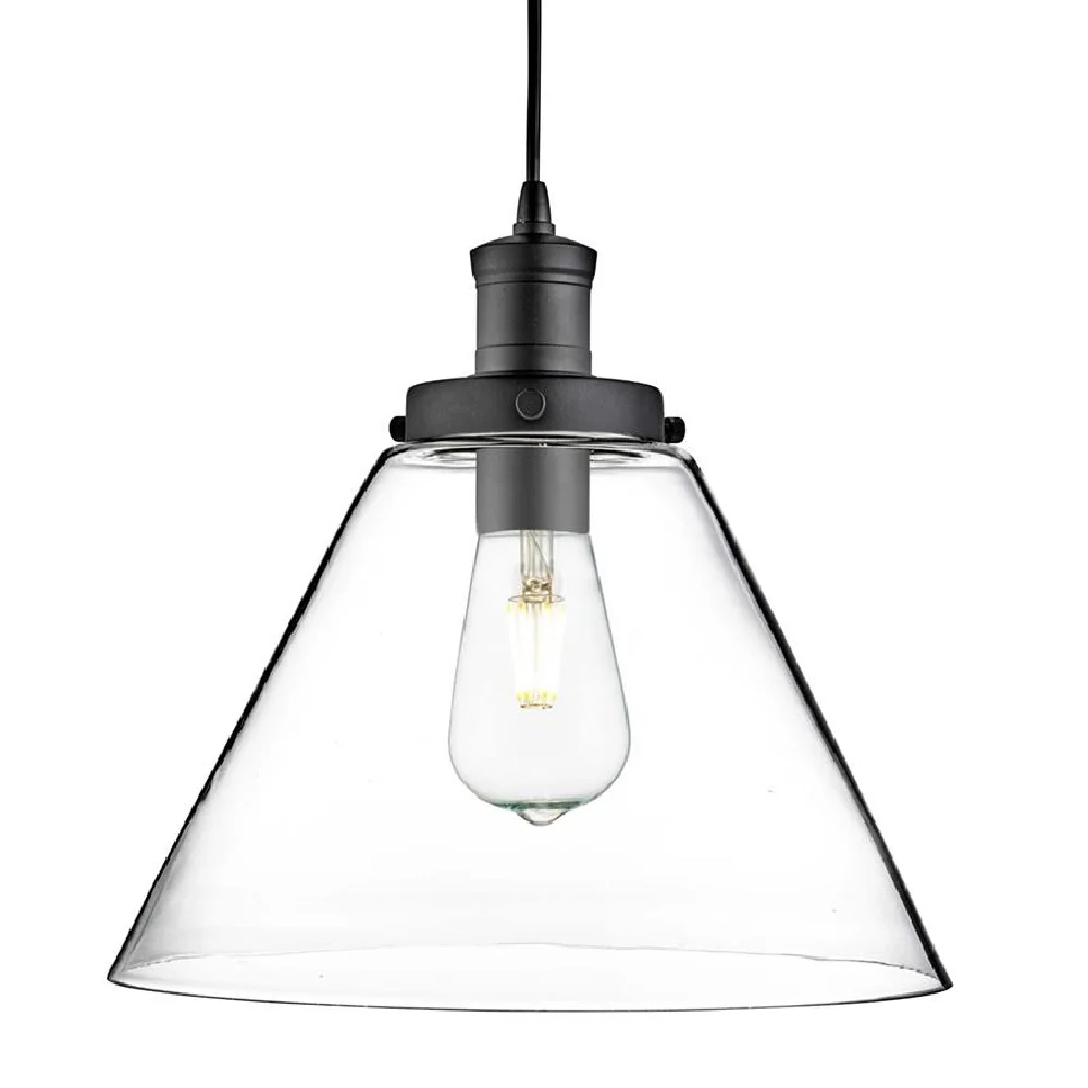 Matt Black & Clear Pyramid Glass Vintage Pendant Light 29cm