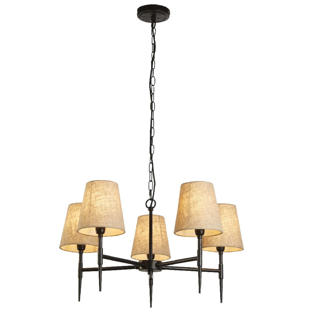 Matt Black Hammered Vintage 5 Lamp Pendant Light with Natural Linen Shades 66cm - Image 3