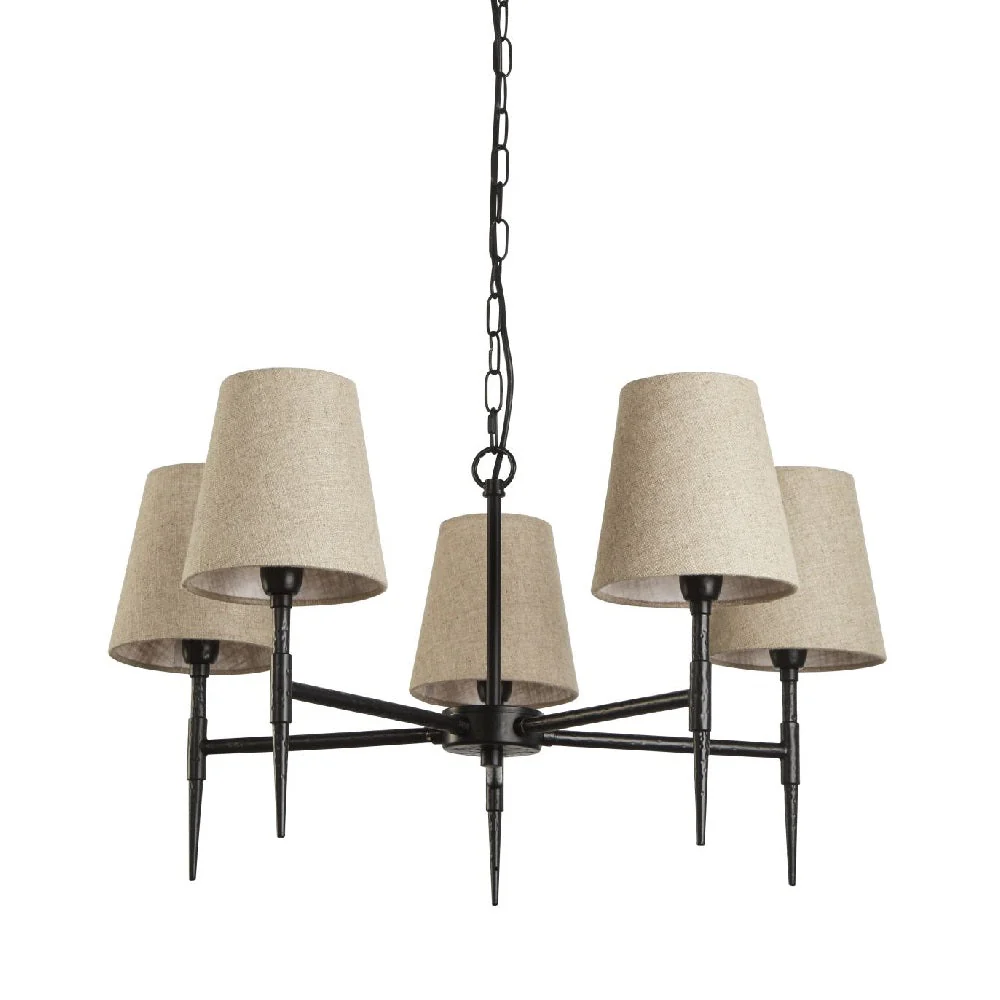 Matt Black Hammered Vintage 5 Lamp Pendant Light with Natural Linen Shades 66cm - Image 4