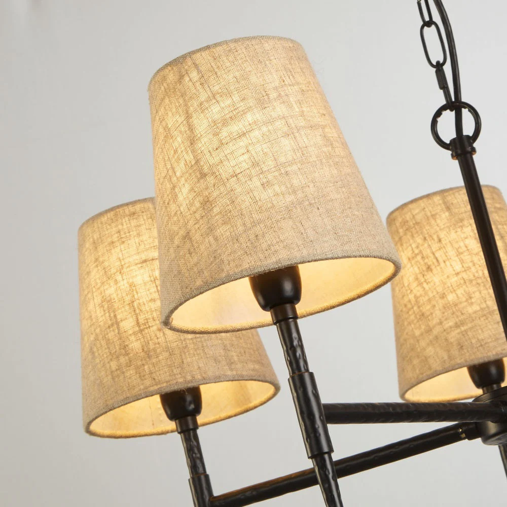 Matt Black Hammered Vintage 5 Lamp Pendant Light with Natural Linen Shades 66cm - Image 5