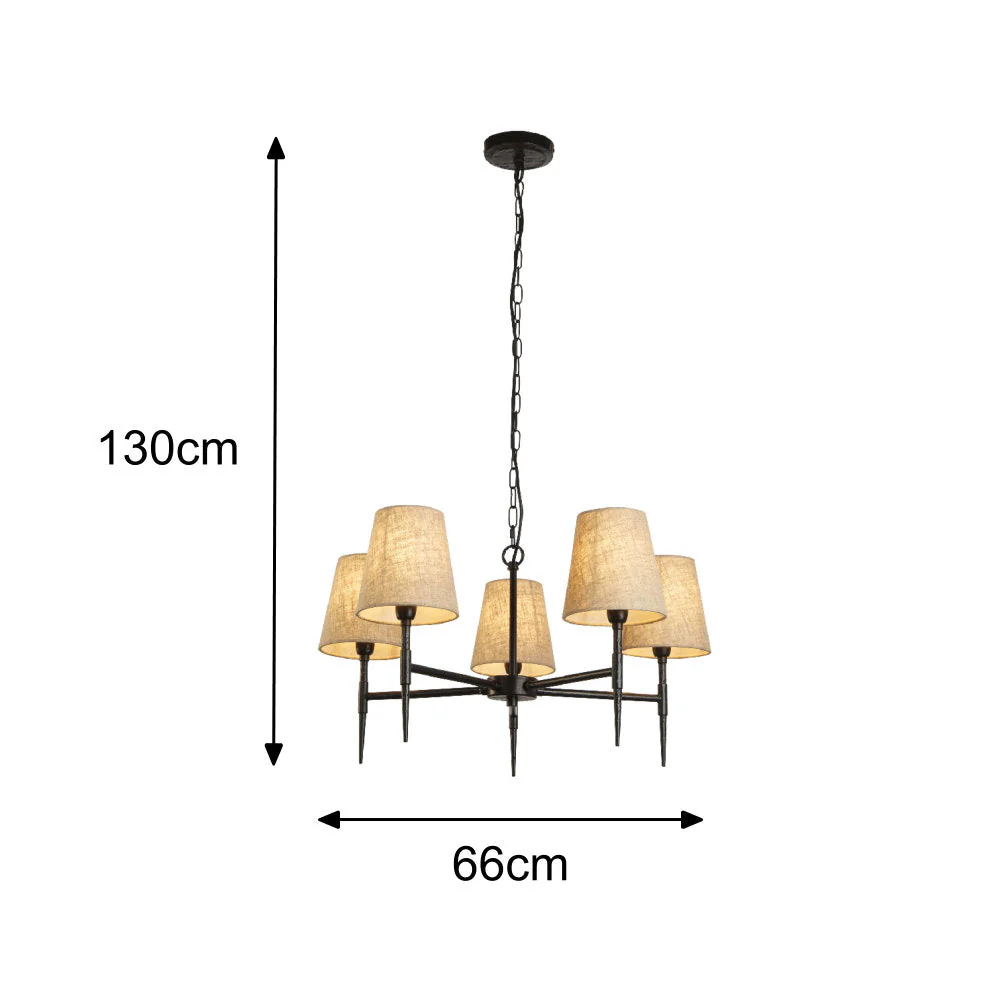 Matt Black Hammered Vintage 5 Lamp Pendant Light with Natural Linen Shades 66cm - Image 6