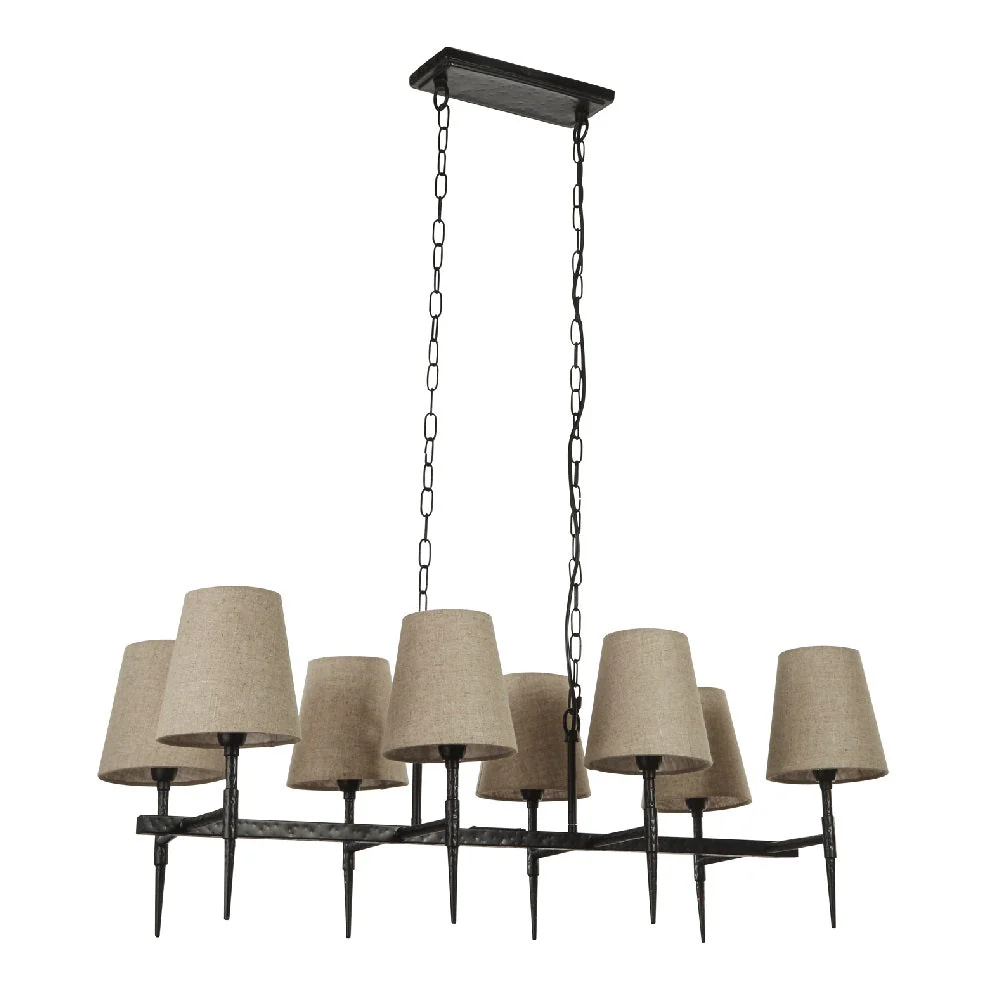 Matt Black Hammered Vintage 8 Lamp Bar Pendant with Natural Linen Shades 91cm - Image 3