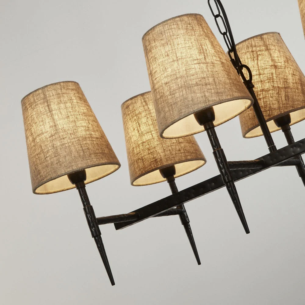 Matt Black Hammered Vintage 8 Lamp Bar Pendant with Natural Linen Shades 91cm - Image 4