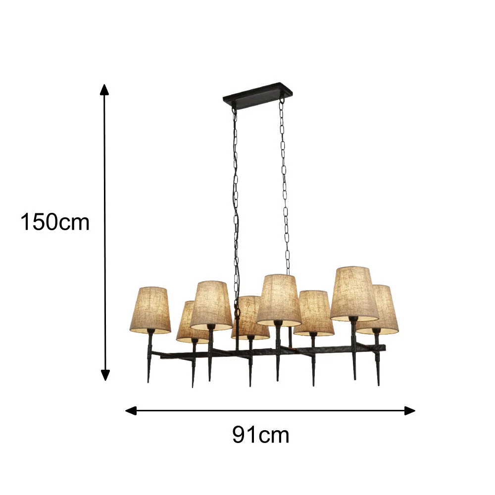 Matt Black Hammered Vintage 8 Lamp Bar Pendant with Natural Linen Shades 91cm - Image 6
