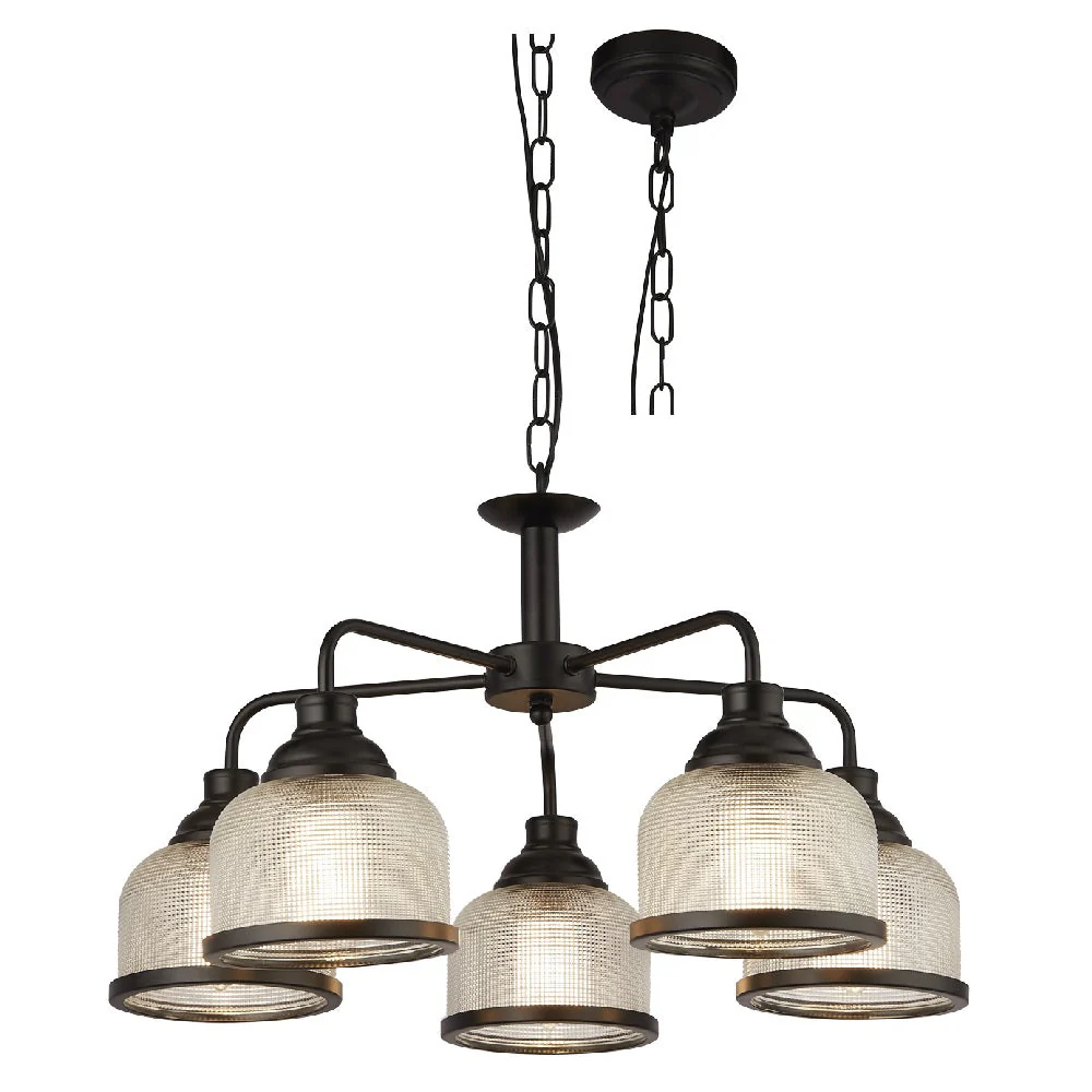 Matt Black & Holophane Glass Vintage Dome 5 Lamp Pendant Light 58cm