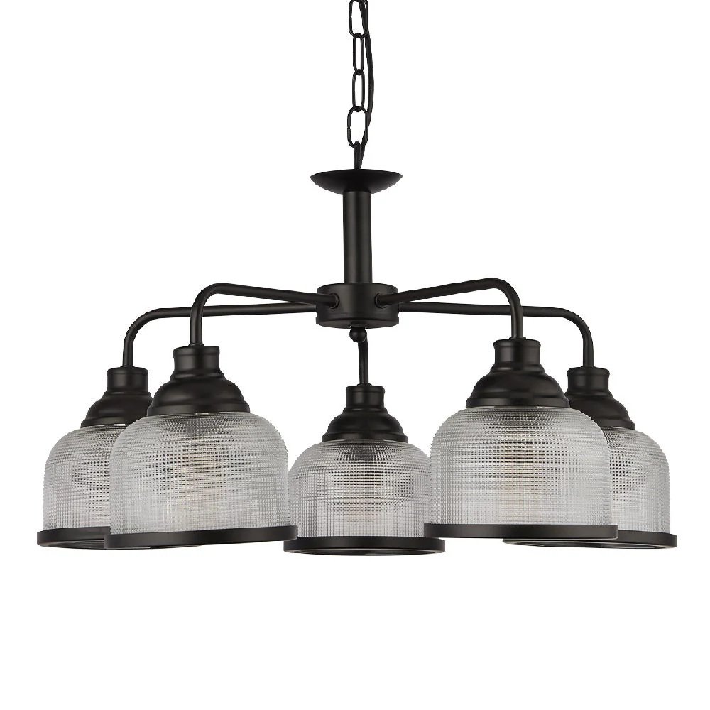 Matt Black & Holophane Glass Vintage Dome 5 Lamp Pendant Light 58cm - Image 2