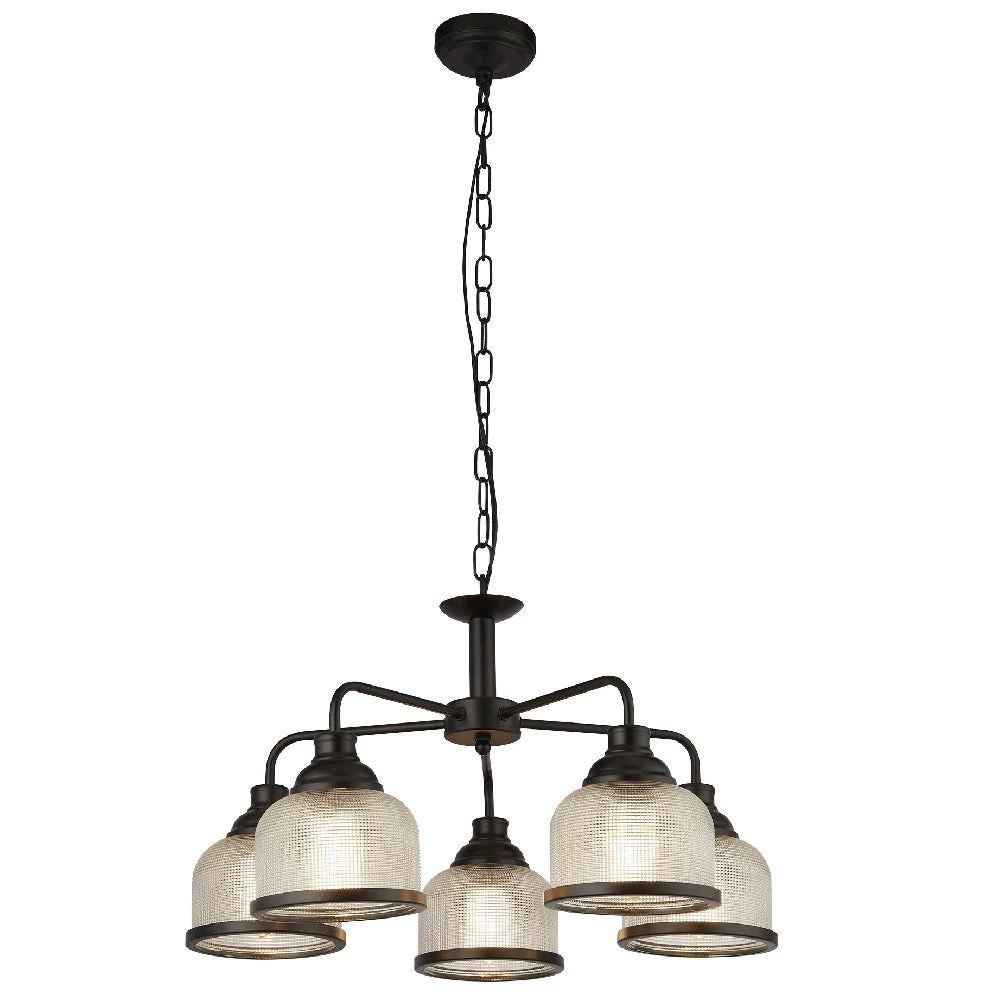 Matt Black & Holophane Glass Vintage Dome 5 Lamp Pendant Light 58cm - Image 3