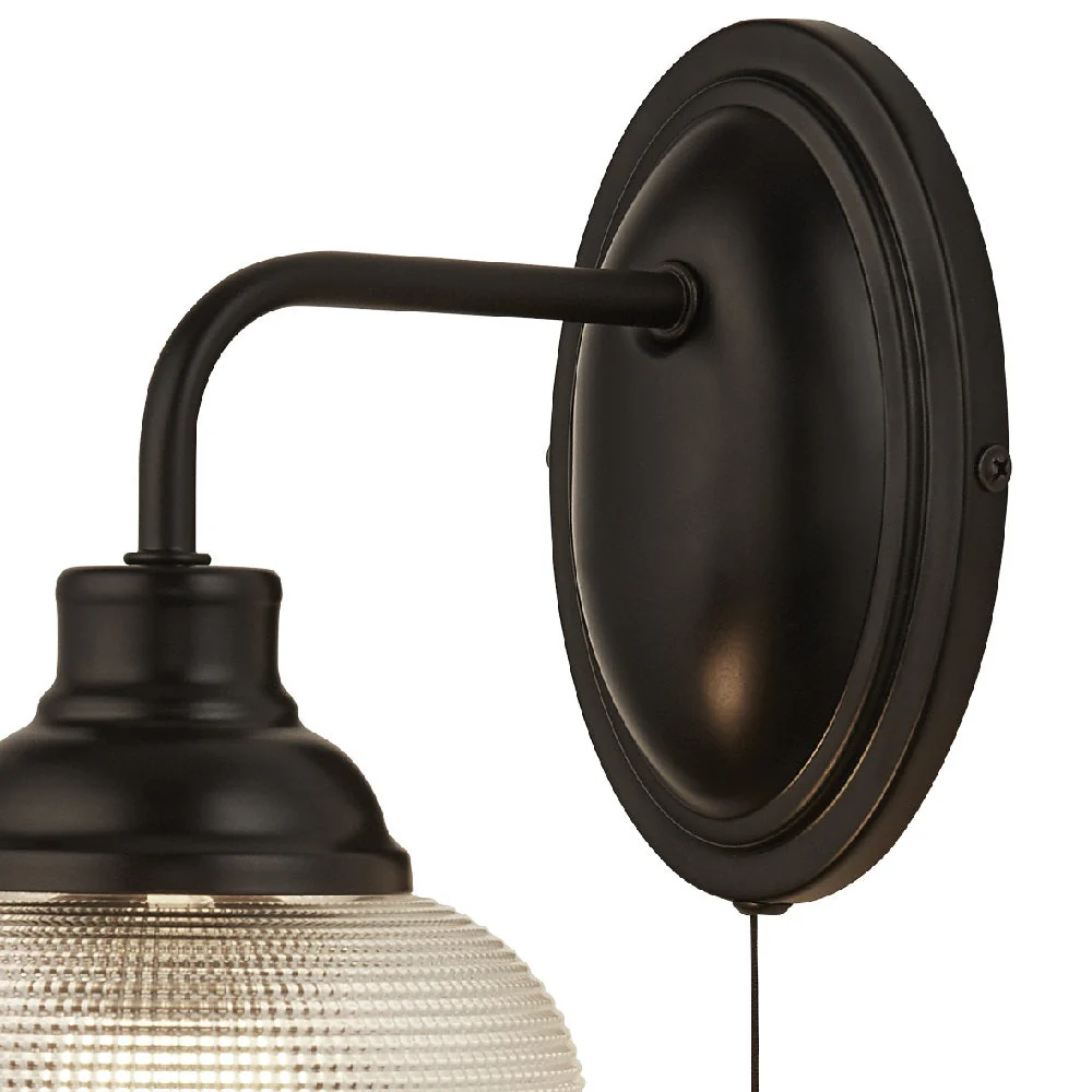Matt Black & Holophane Glass Vintage Dome Switched Wall Light 25cm - Image 2
