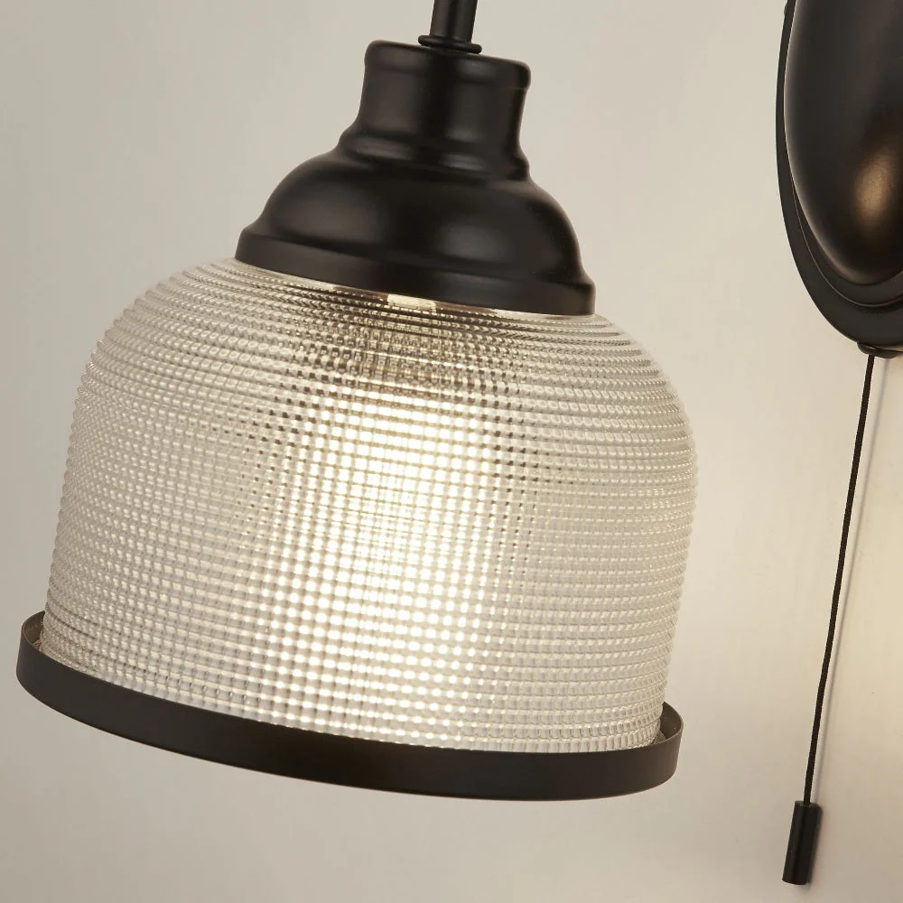 Matt Black & Holophane Glass Vintage Dome Switched Wall Light 25cm - Image 4