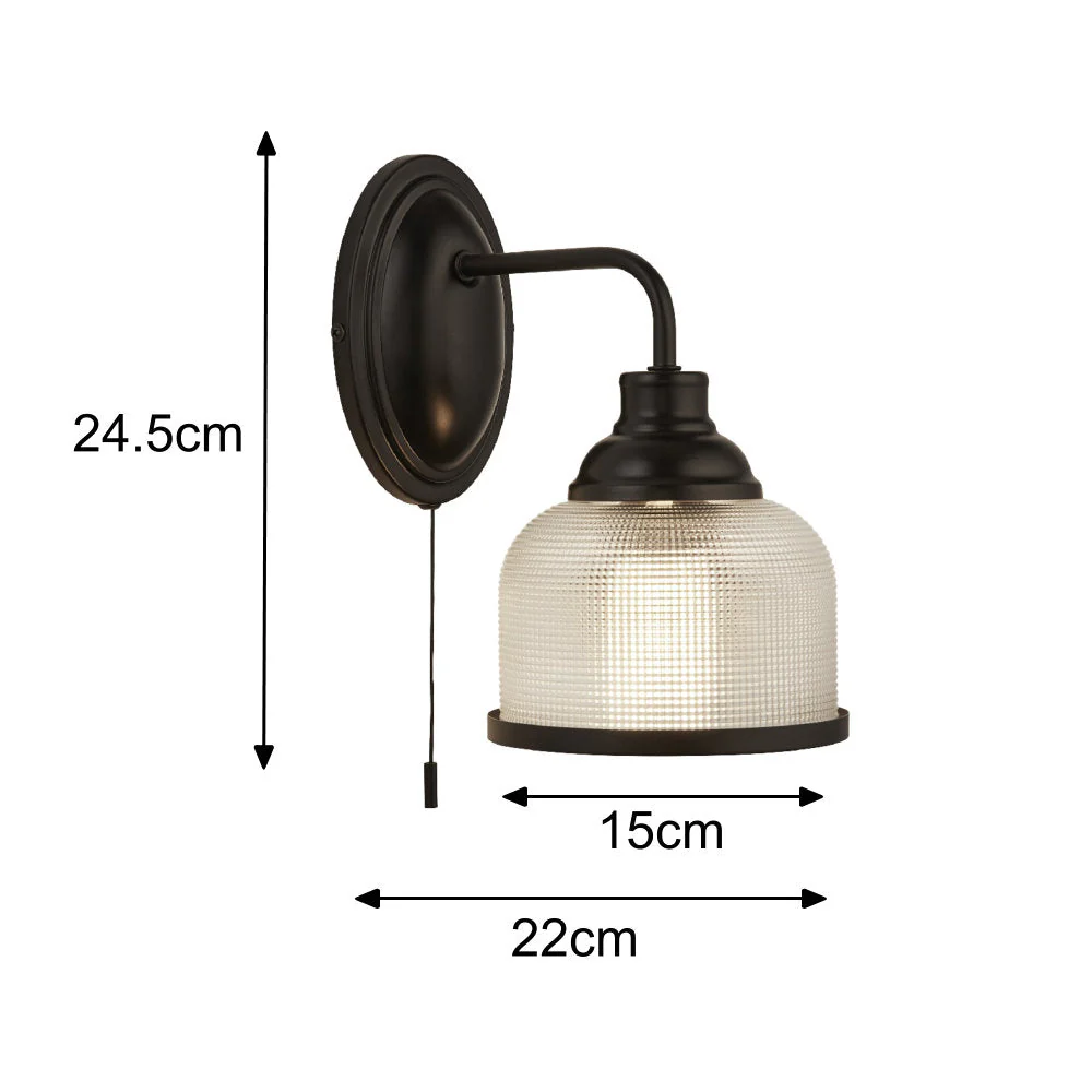 Matt Black & Holophane Glass Vintage Dome Switched Wall Light 25cm - Image 5