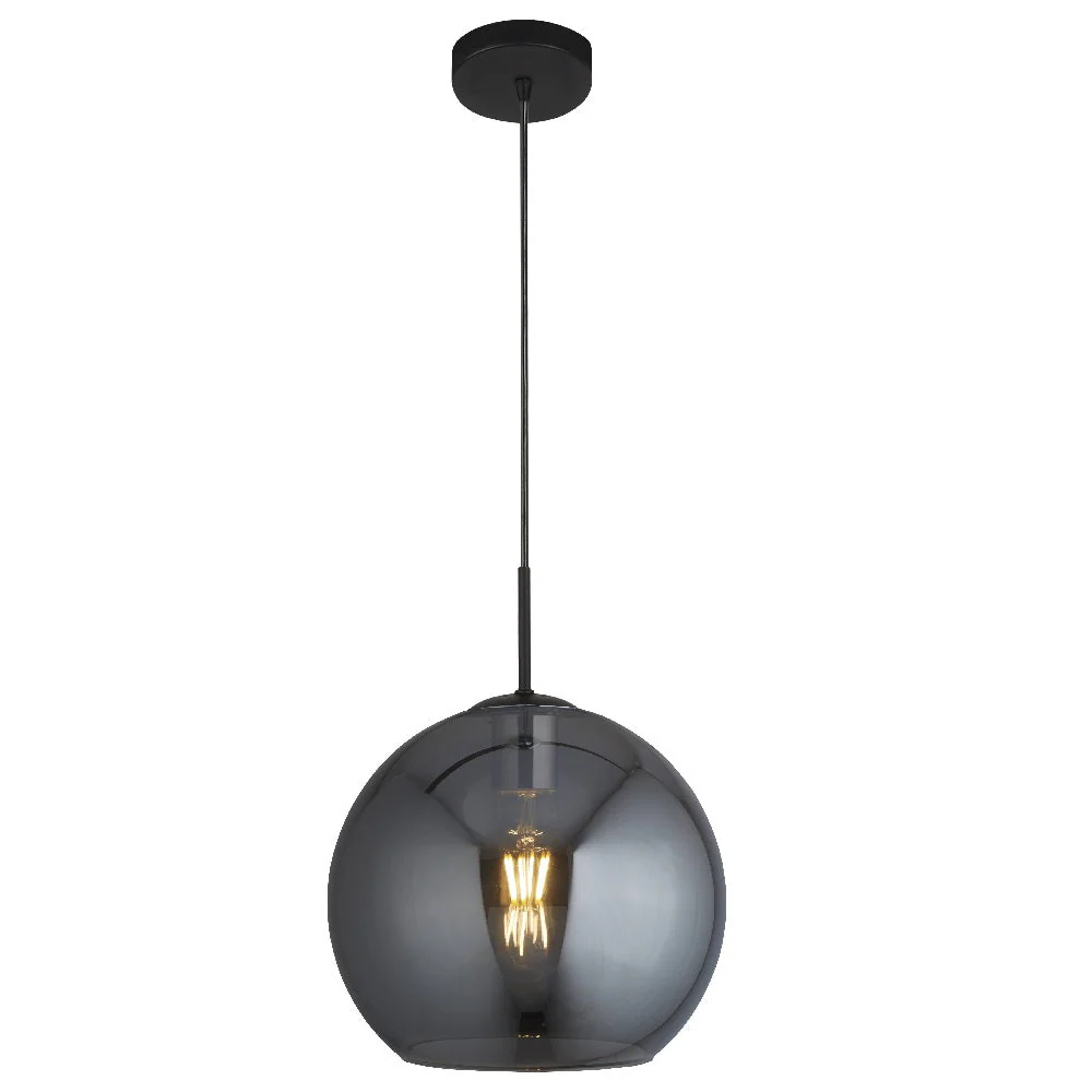 Matt Black & Smoked Glass Dome Globe Pendant Light 30cm - Image 2