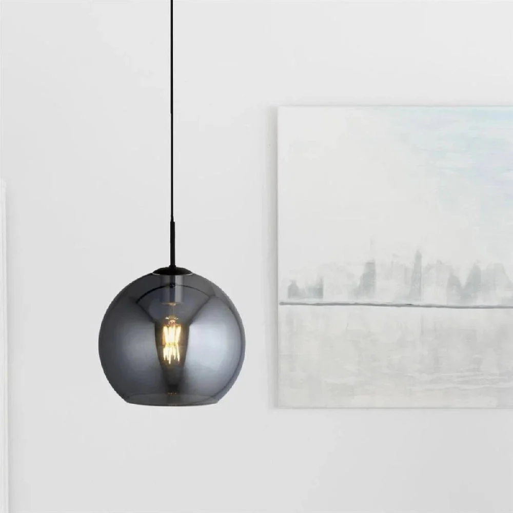 Matt Black & Smoked Glass Dome Globe Pendant Light 30cm - Image 3