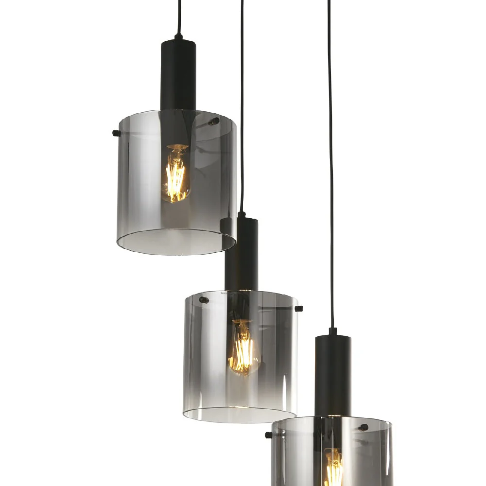 Matt Black & Smoked Ombre Glass Cylinder Vintage 3 Lamp Cluster Pendant 42cm - Image 3